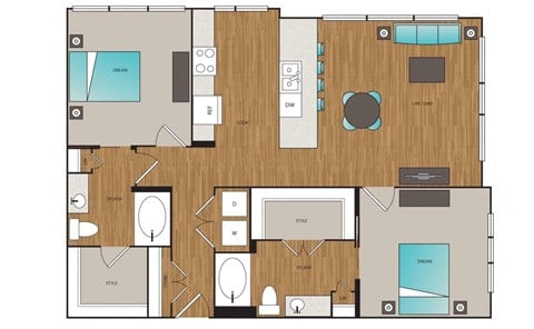 Floor plan for 2 beds, 2 baths, 1202 sqft